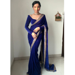 Royal Blue Velvet Saree with Coding Belt