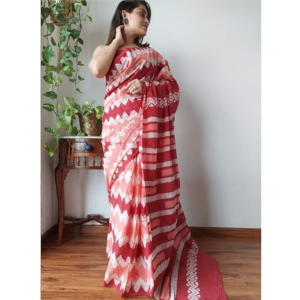 Red Color Cotton Mulmul Saree with Hand Block Printed