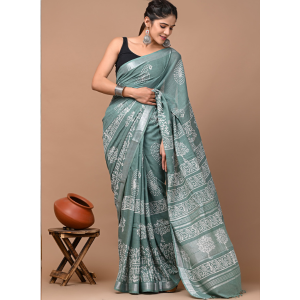 Grey Color Cotton Linen Saree with Bagru Hand Block Print