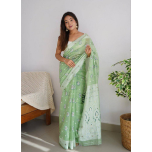 Green Color Soft Span Linen Saree with Badla Zari Weaving Work