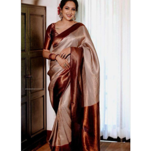 Grey Color Banarasi Saree with Maroon Combination Border & Heavy Brocade Blouse