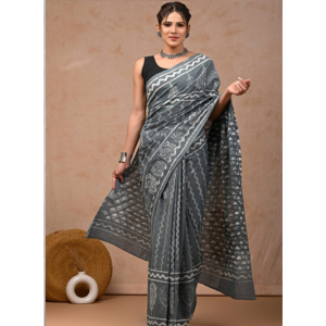 Grey Color Mulmul Cotton Saree Collection with Hand block Print