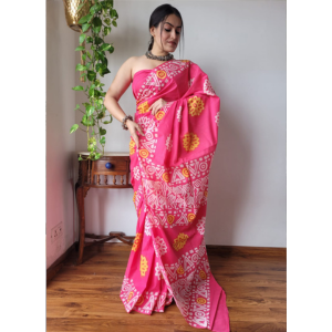 Pink Color Cotton Mulmul Saree with Hand Block Print