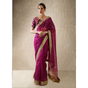 Wine Color Organza Saree with Embroidery Lace Work