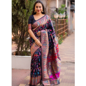 Navy Blue Color Saree with Kashmiri Pashmina Kachi Work