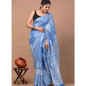 Blue Color Cotton Linen Saree with Bagru Hand Block Print