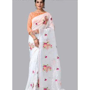 White Color Organza Saree with Heavy Stone Work.