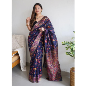 Navy Blue Banarasi Saree with Kashmiri Weaving Work