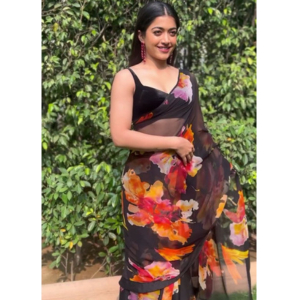 Black Georgette Saree with Floral Printed and Velvet Blouse