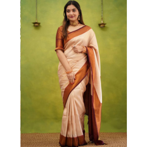 Beige Color Soft Lichi Silk Saree with Extra Ordinary Design