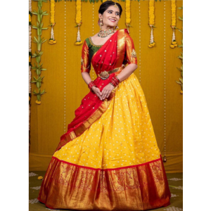 Yellow Kanjivaram Silk Half Saree with Beautiful Zari with Blouse