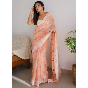 Light Orange Soft Linen Cotton Silk Saree with Beautiful Rich Design Pallu