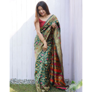 Green Color Soft Lichi Saree with Golden Zari Weaving