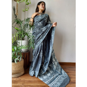 Grey Color Mulmul Cotton Saree Collection with Hand block Print