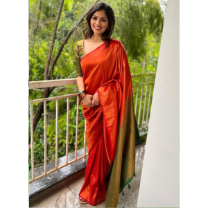 Orange Color Banarasi Saree with  Beautiful Zari Work