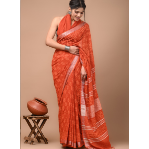 Brick Color Cotton Linen Saree with Bagru Hand Block Print