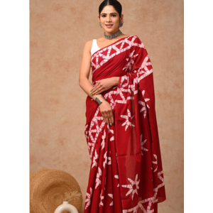 Red Color Mulmul Cotton Saree Collection with Hand block Print