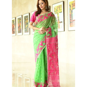 Green Color Cotton Linen Saree with Beautiful Slab Weaving.