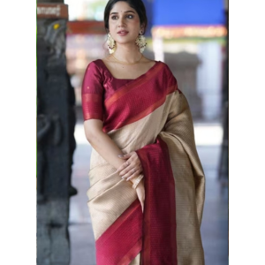 Beige and Maroon Color Banarasi Soft Silk Saree with Extra Ordinary Design