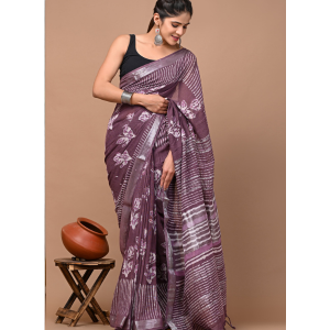 Wine Color Cotton Linen Saree with Bagru Hand Block Print