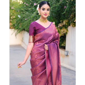 Purple Banarasi Silk Saree with Copper Zari and Blouse