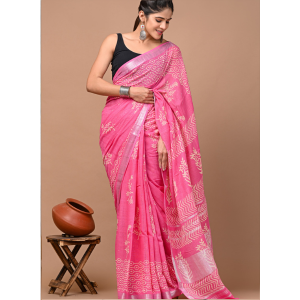 Light Pink Color Cotton Linen Saree with Bagru Hand Block Print